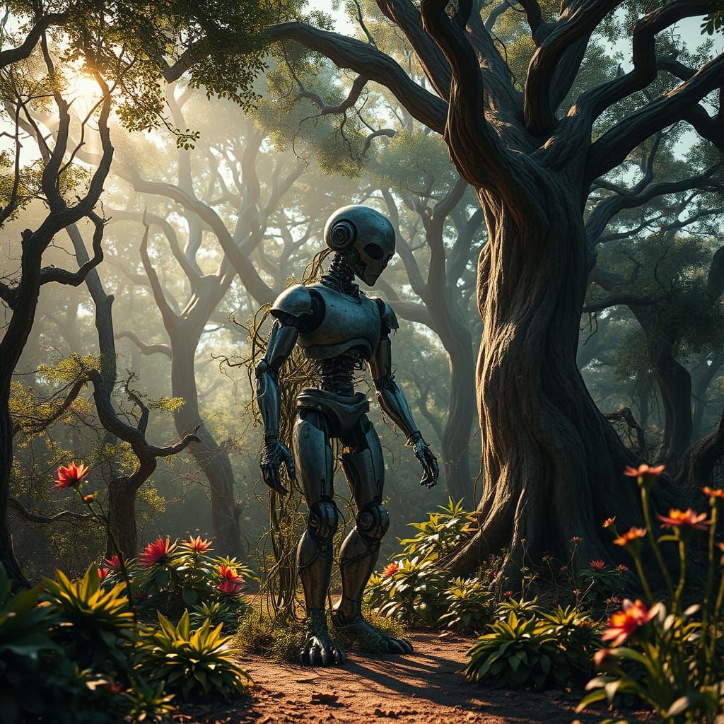 Weathered Automaton in Overgrown Alien Garden