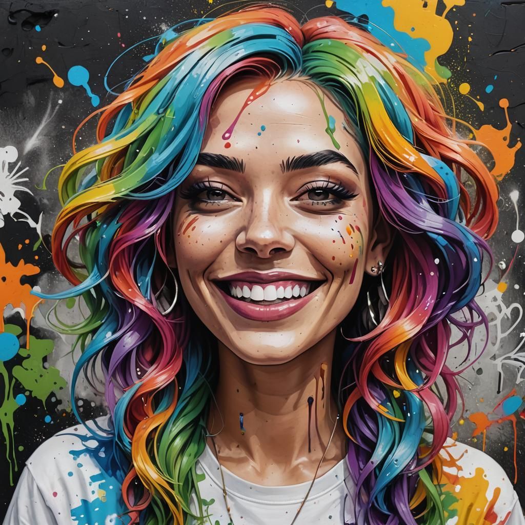 Colorful Graffiti Art: Girl with Rainbow Hair Smoking