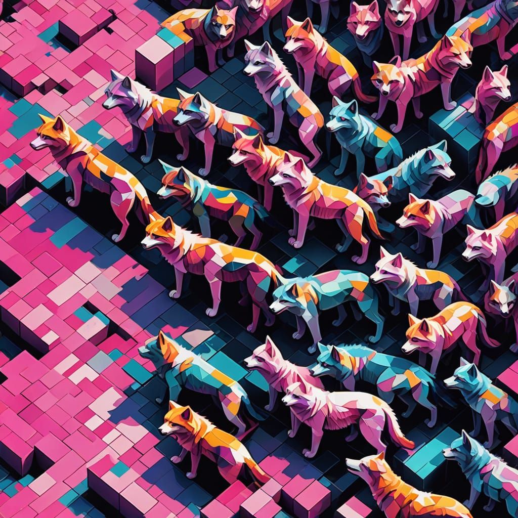 Psychedelic Glitch Art: Pixelated Cats and Wolves