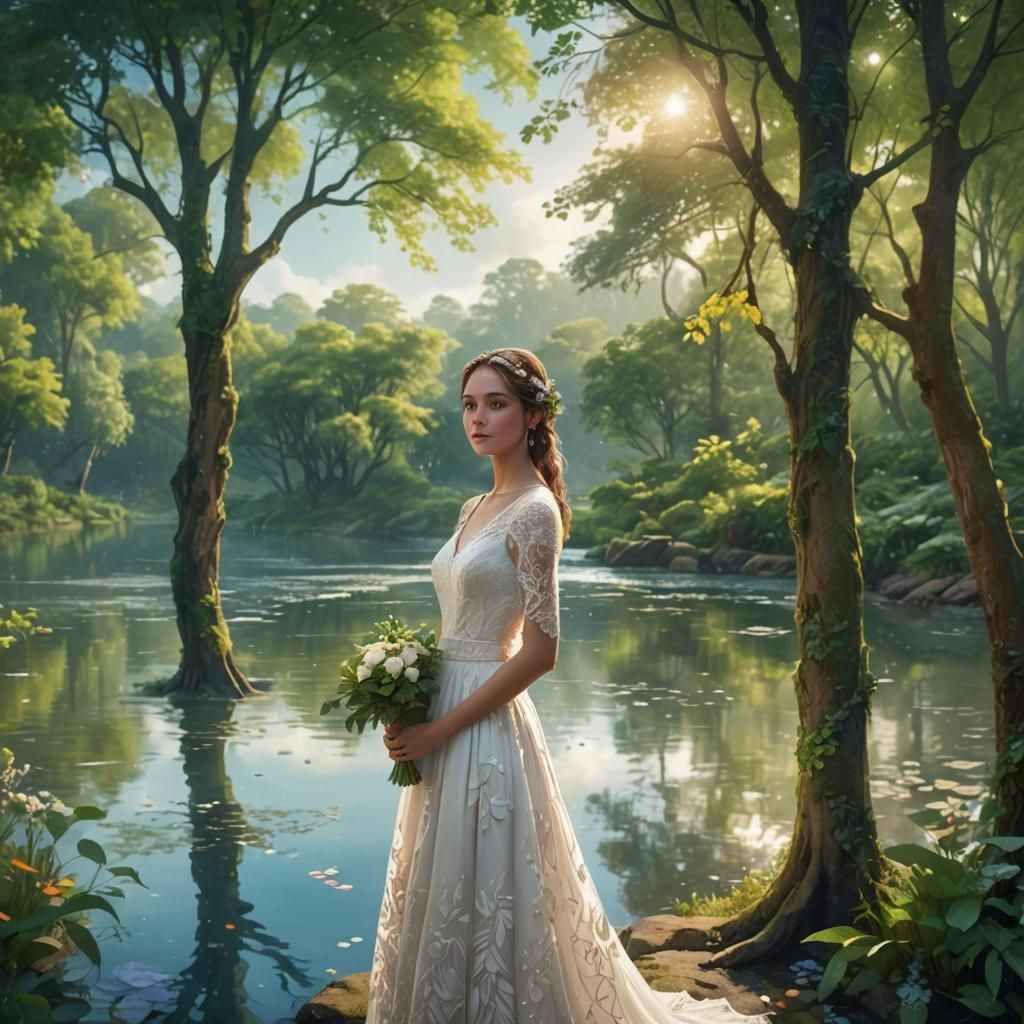 Girl in White Dress by River: Fantasy Art