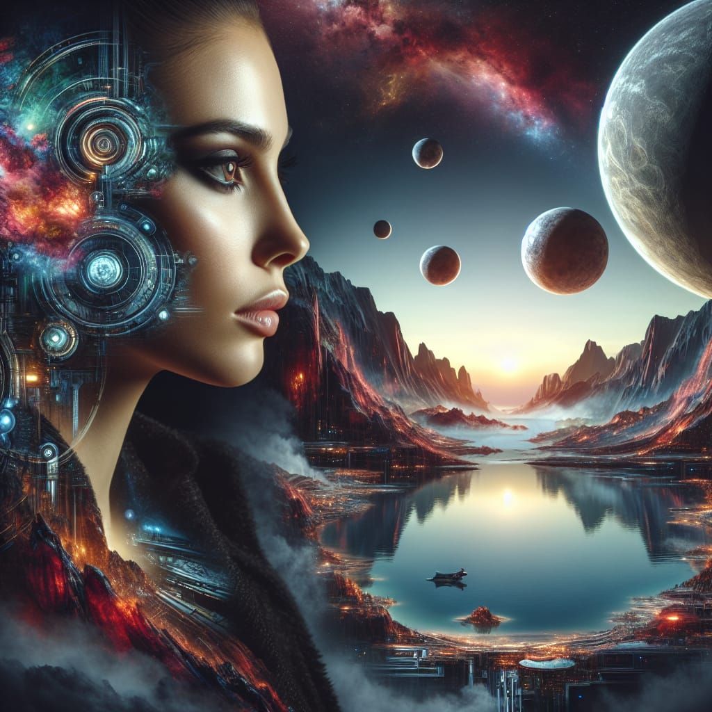 Woman's Profile Merged with Colorful Alien Planet