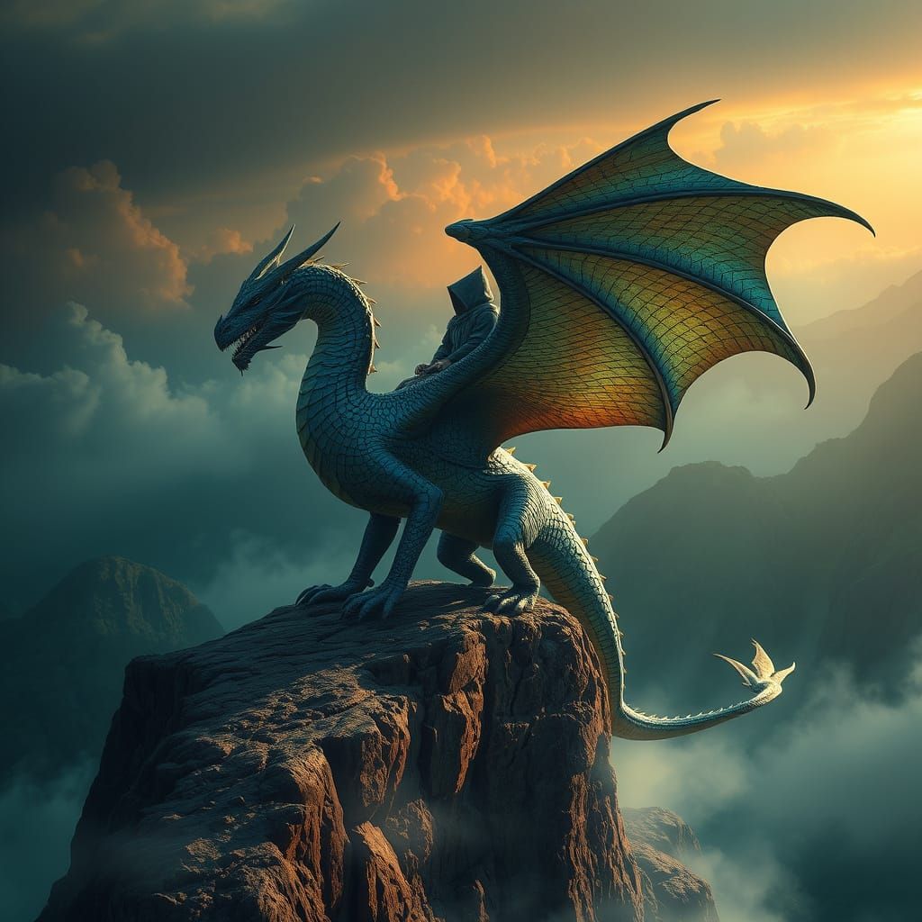 Dragon and Cloaked Rider Stand at Cliff's Edge in Epic Fanta...