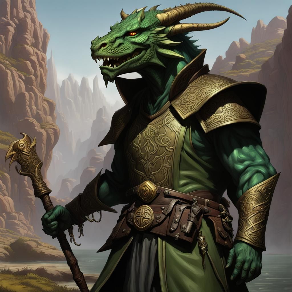 Green Dragonborn Ranger-Warlock in Dark Fantasy Style