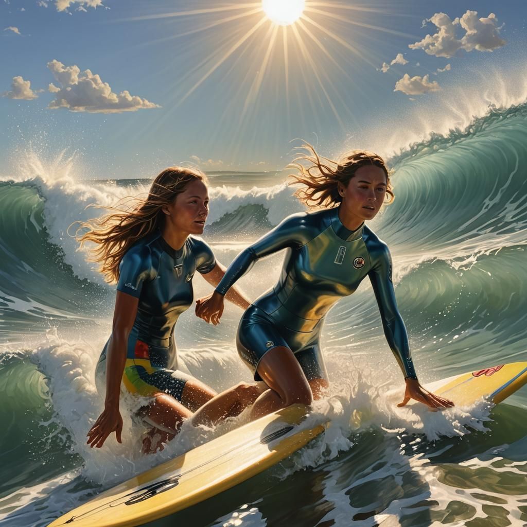 Surfing Woman in Hyperrealistic Hypermodern Style