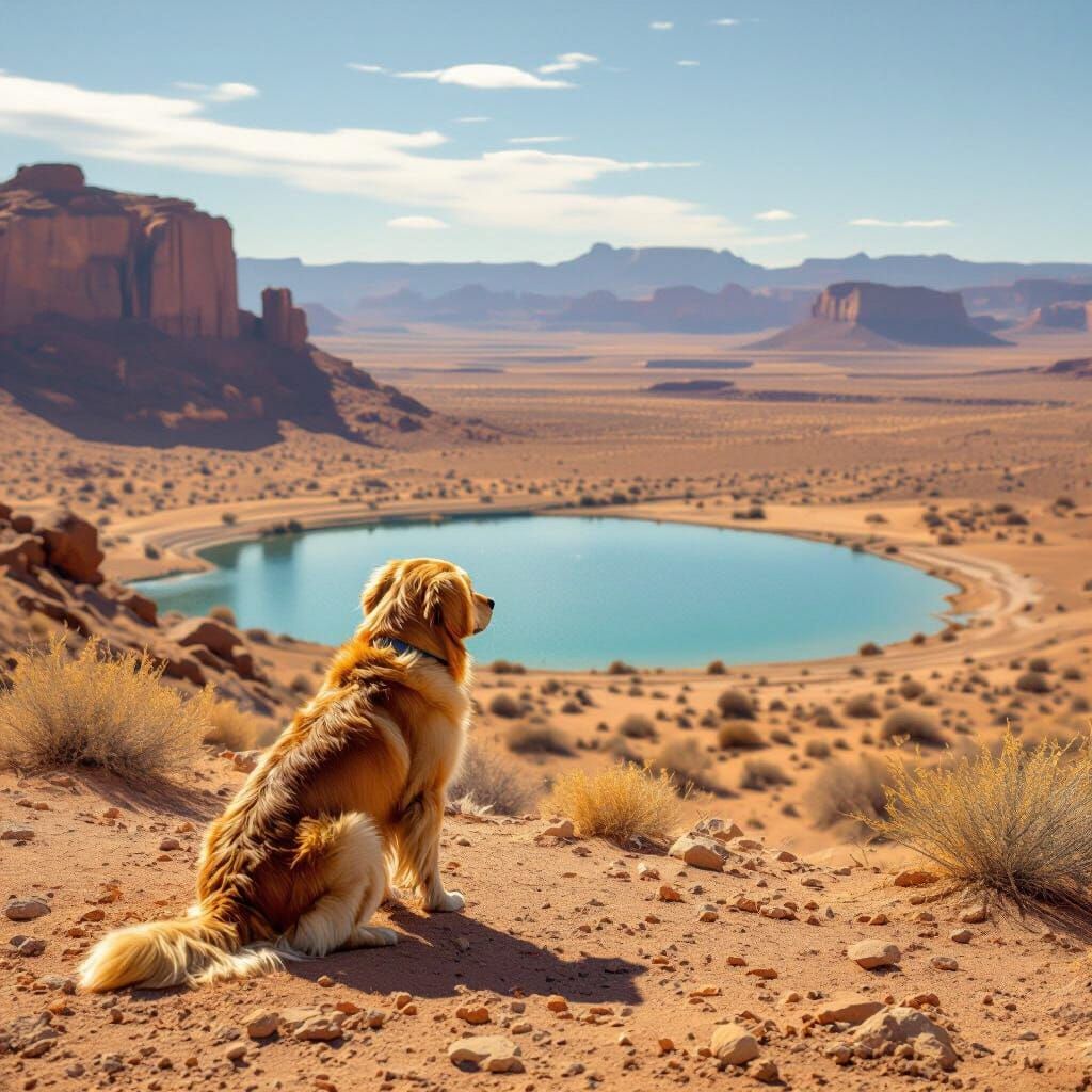 Golden Retriever Gazes at Desert Oasis in Photorealistic Sty...