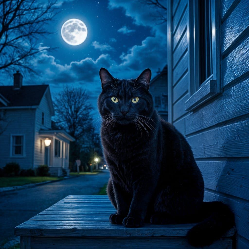 Muscular Cat Guards House on Moonlit Night