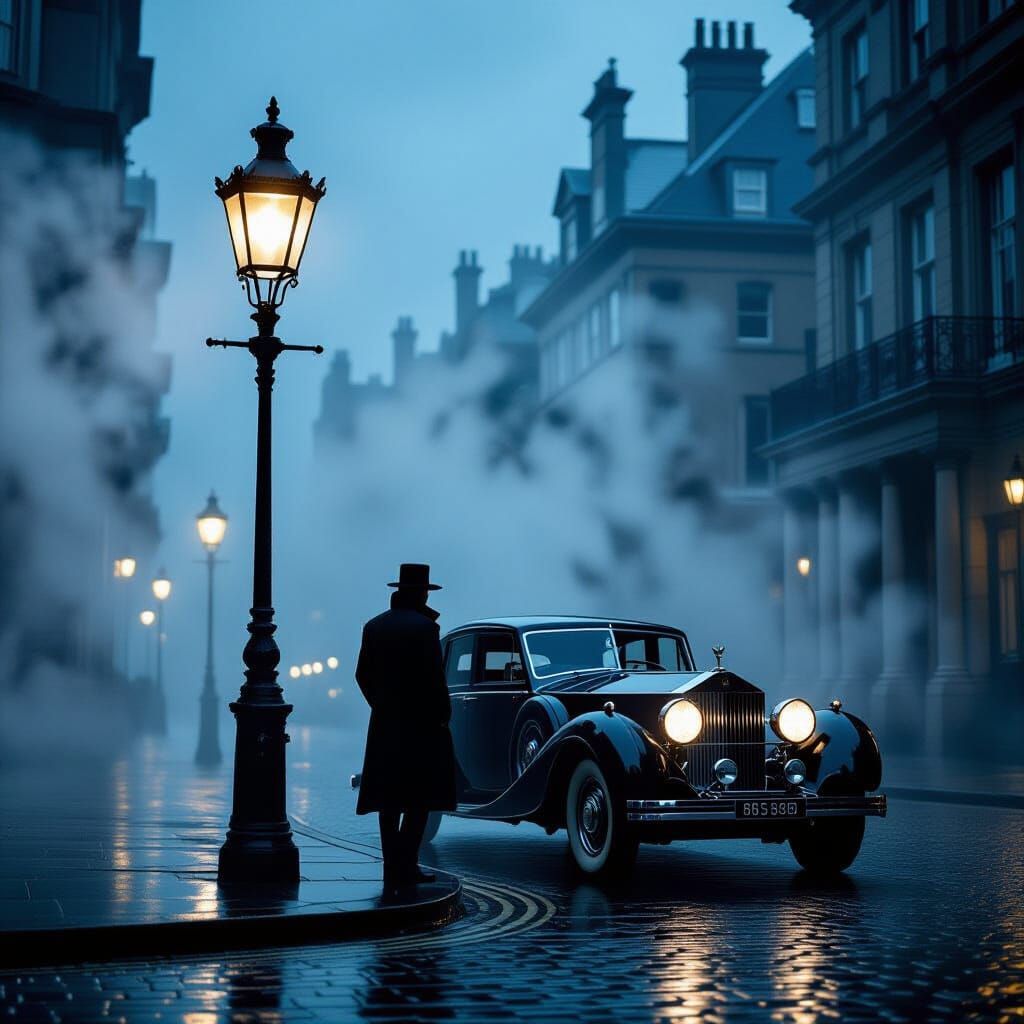 Film Noir Scene: Figure on Rainy Cobblestone Street