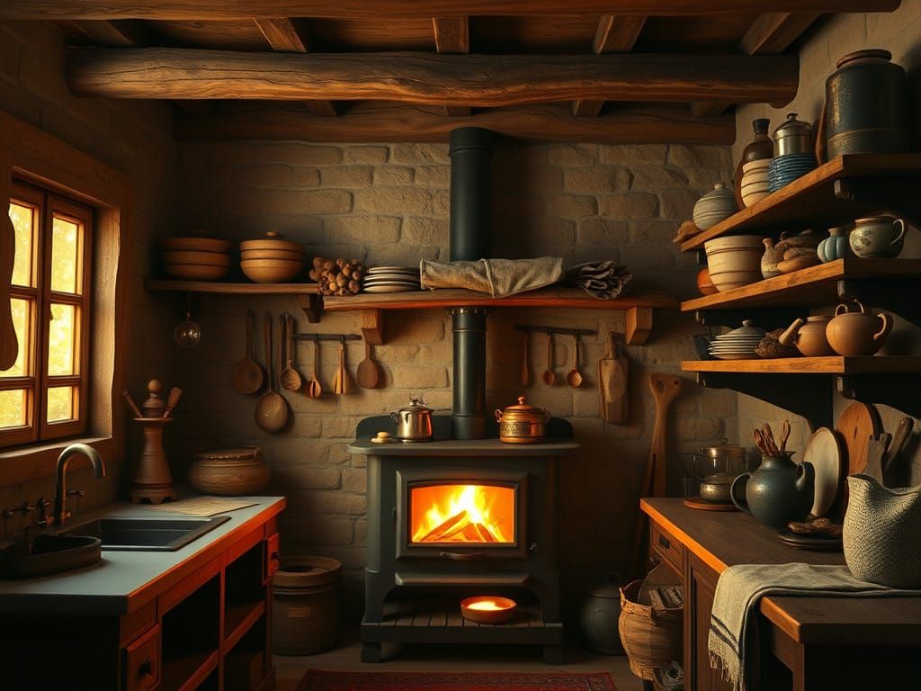 Cozy Rustic Kitchen Scene in Warm Golden Light
