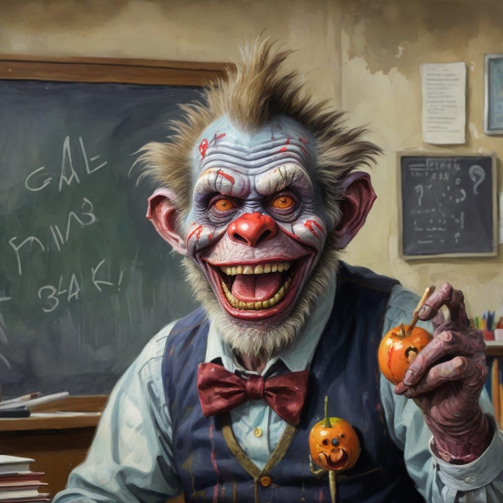 Zombie Monkey Clown Professor in Gouache Style