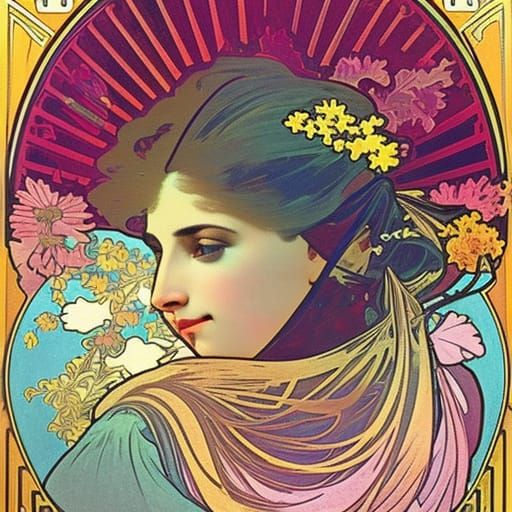 Vibrant 80s Scene in Alphonse Mucha Style