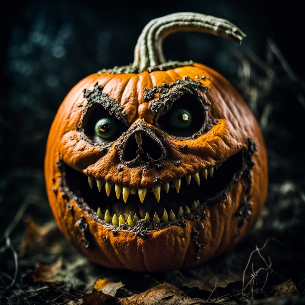 Horrific Rotten Jack-O'-Lantern in Swampy Witch House