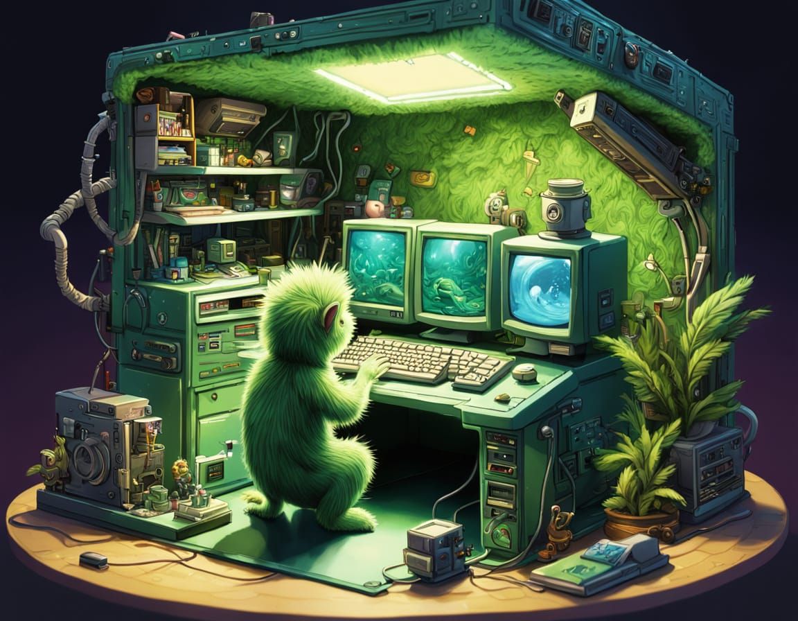 Miniature Furry Creature Fixing Computer, Comic Book Art