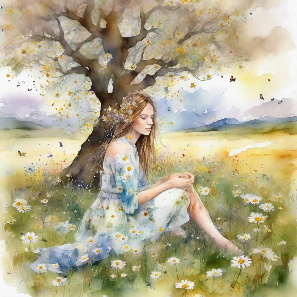 Woman Making Daisy Chain in Watercolor Field