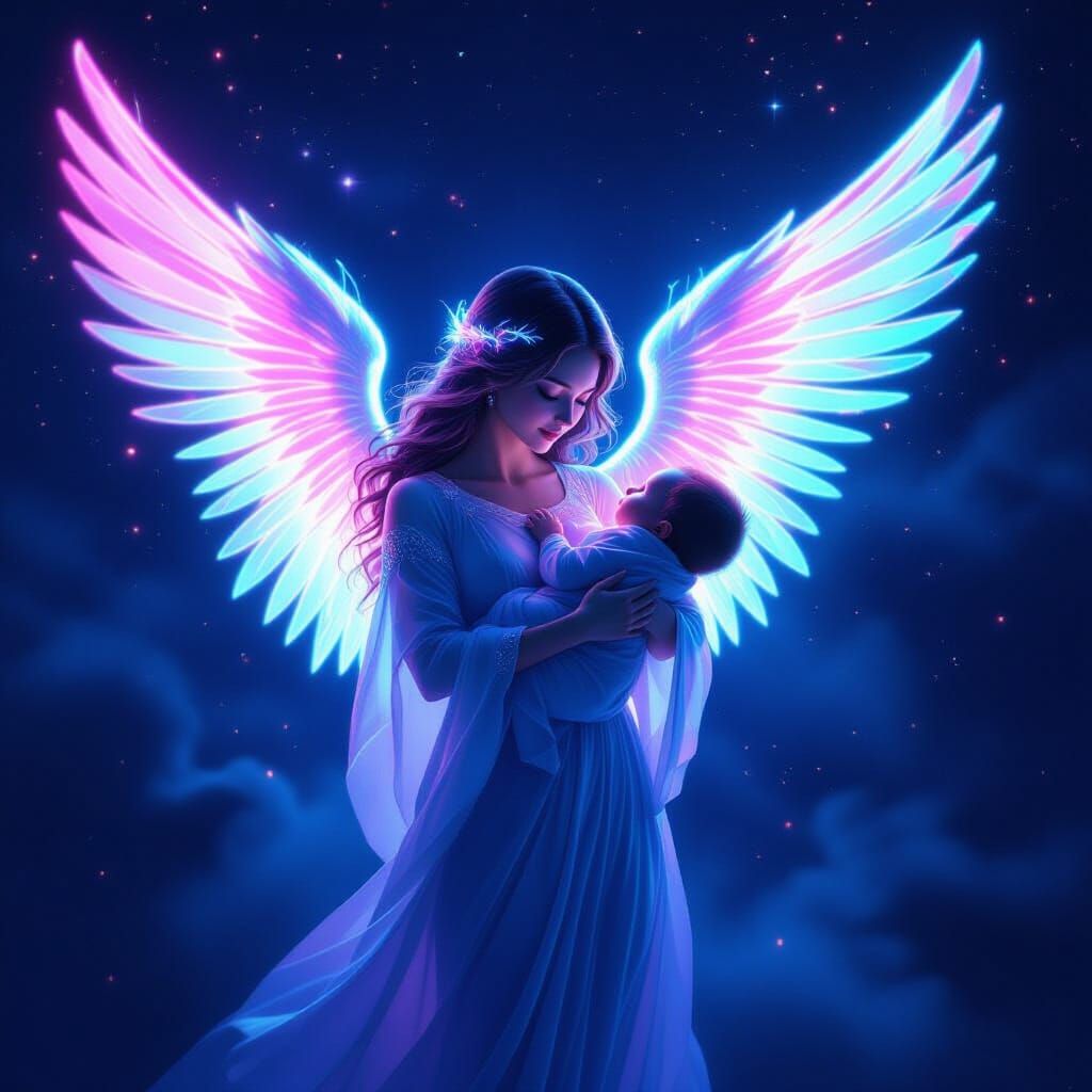 Neon Angel Carrying Baby in Cosmic Expanse