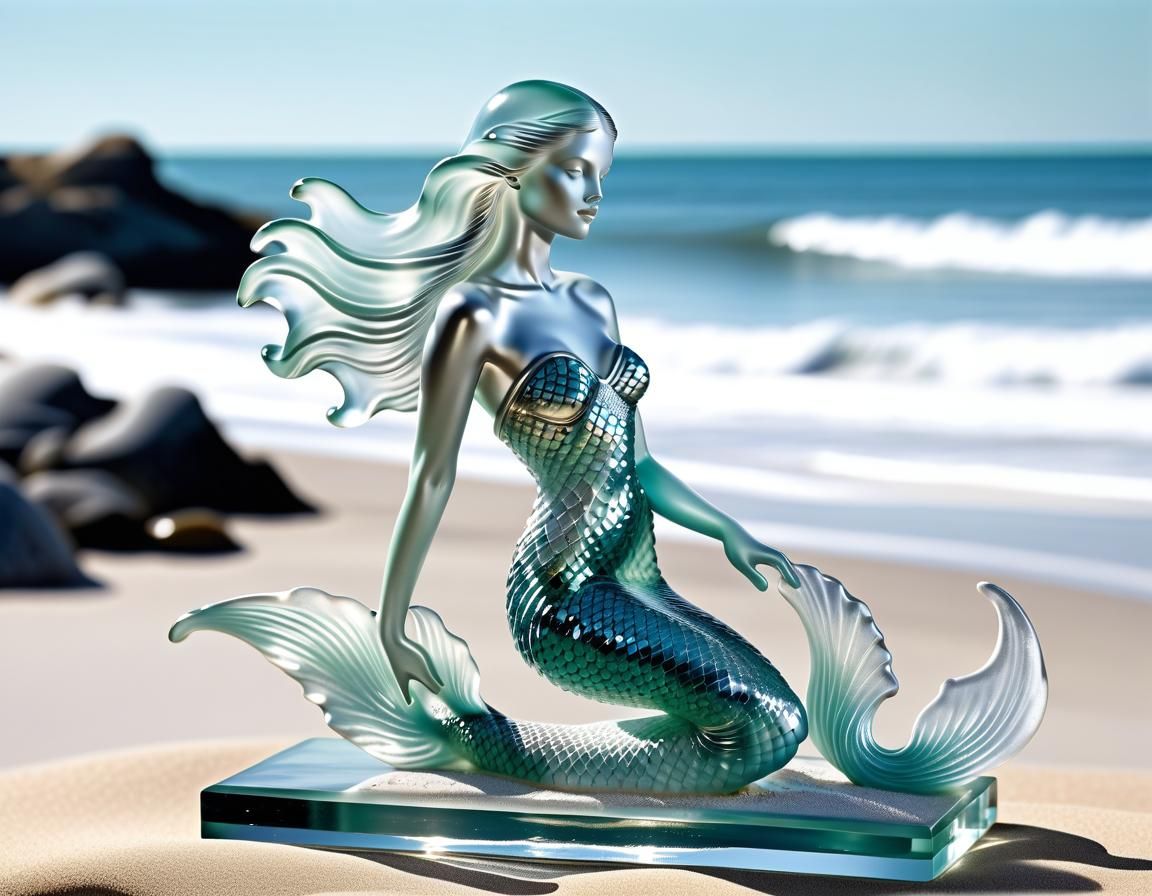 Elegant Crystal Mermaid Statue on Porcelain Seashore
