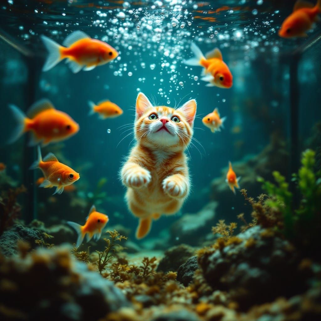 Orange Cat Swimming in Fish Tank: Photorealistic