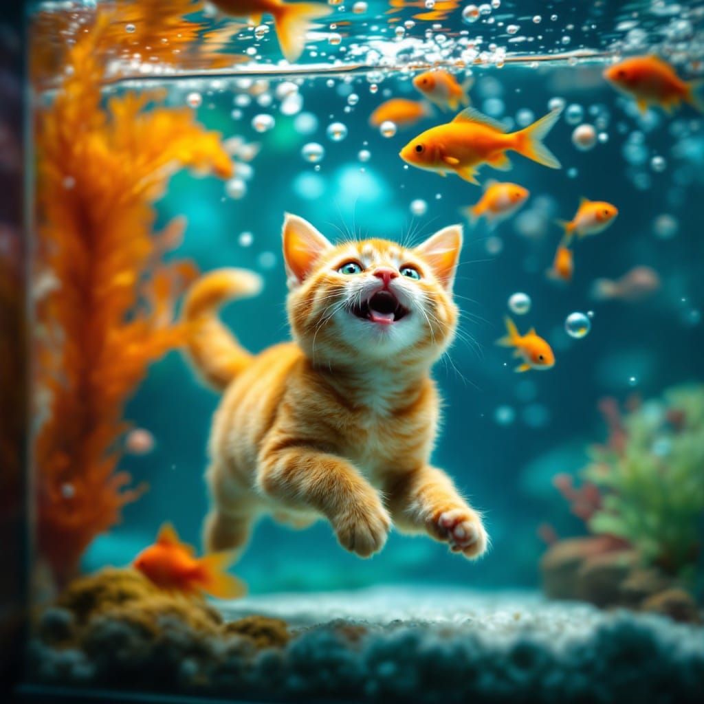 Orange Cat Swimming in Fish Tank