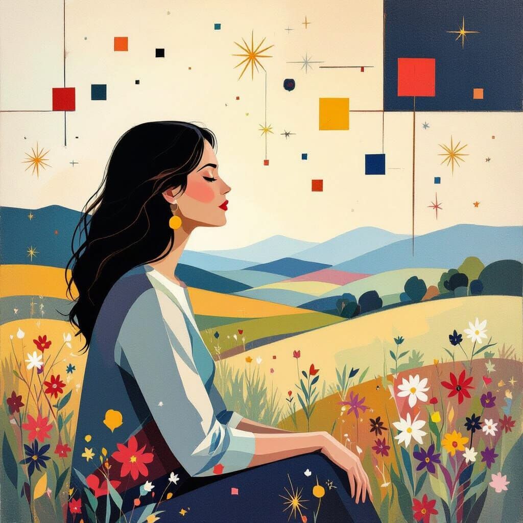 Woman Contemplating Creativity in Cubist Style