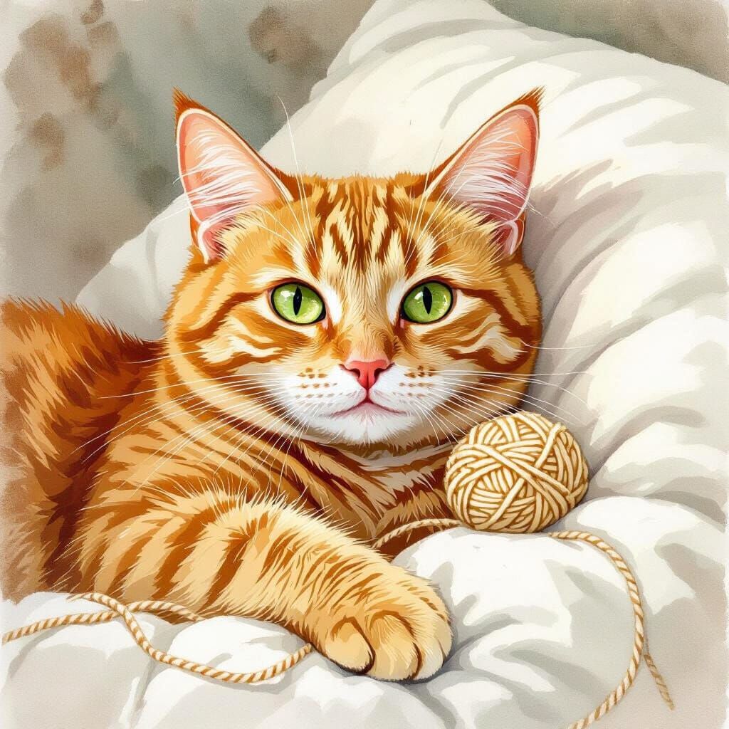 Cozy Orange Tabby Cat Rests on Pillow with Yarn