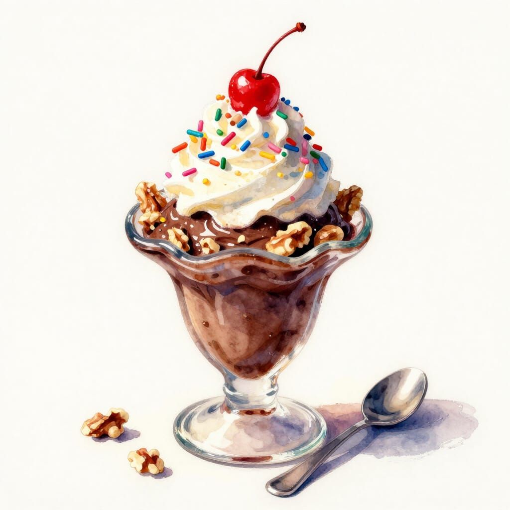 Decadent Hot Fudge Sundae in Watercolor Style