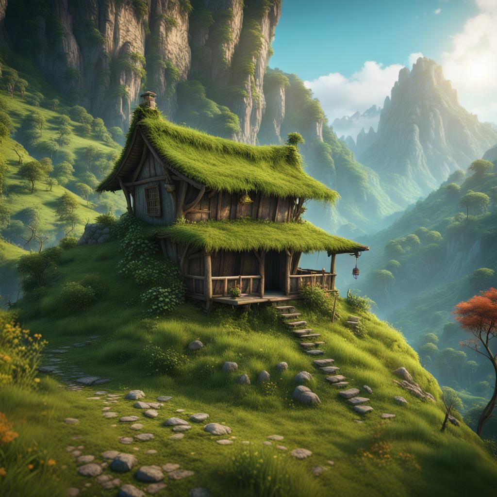 Fantasy Hut on Lush Mountainside: Matte Painting