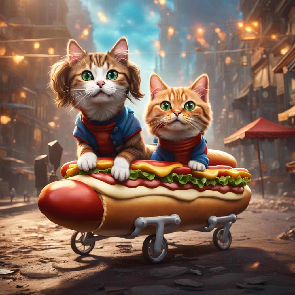 Cat Riding Dog in Hot Dog Costume, Detailed Painting