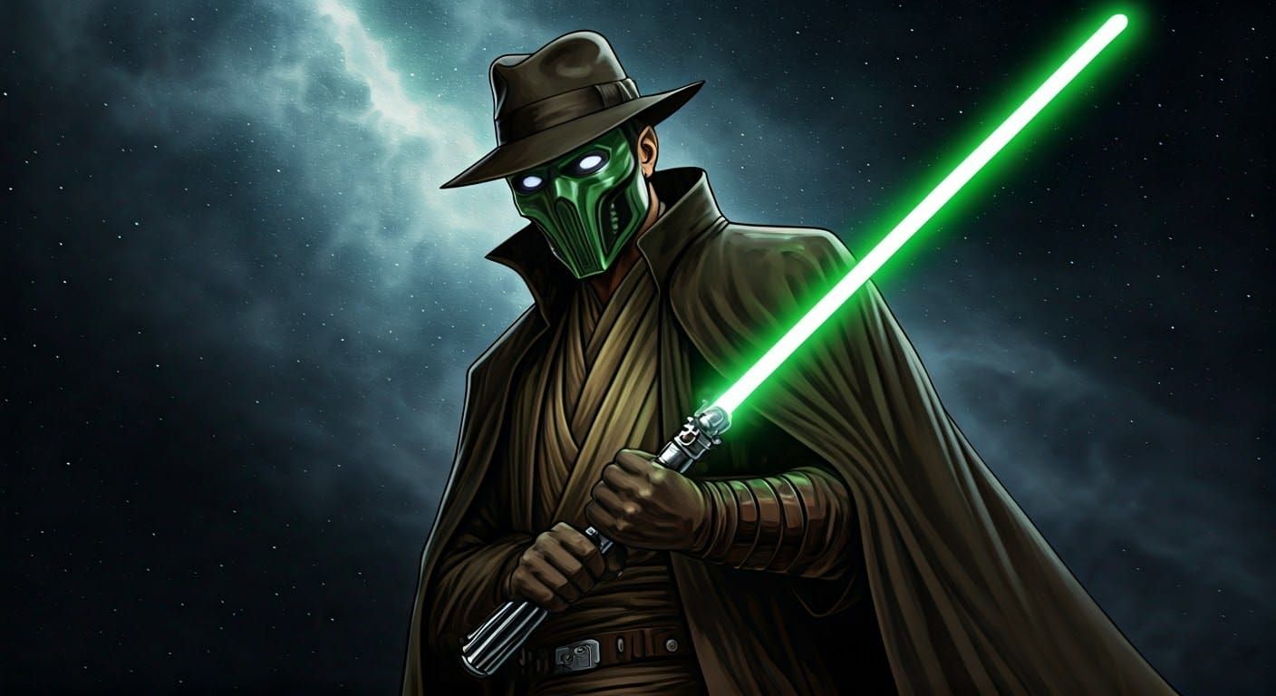 Epic Green Jedi Knight in Pulp Novel Style