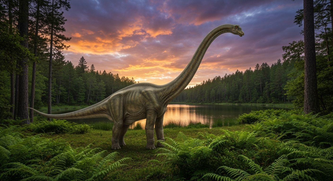 Long-Necked Dinosaur Grazing in Jurassic Landscape