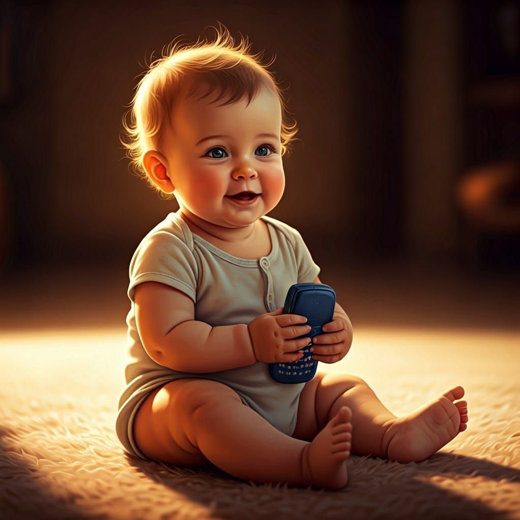 Chubby Baby Holds Vintage Nokia Phone in Whimsical Fairy Tal...