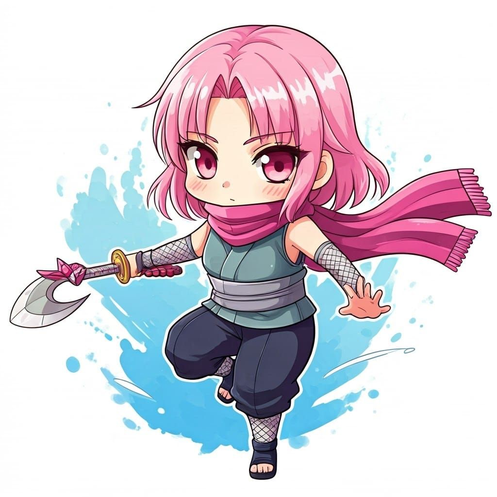 Manga-Inspired Pink Kunoichi in Watercolor Style