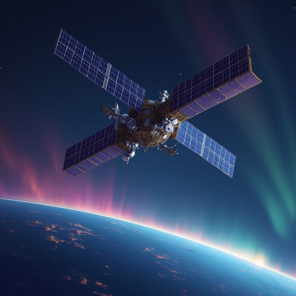 Satellite Beaming Microwave Power in Futuristic Style