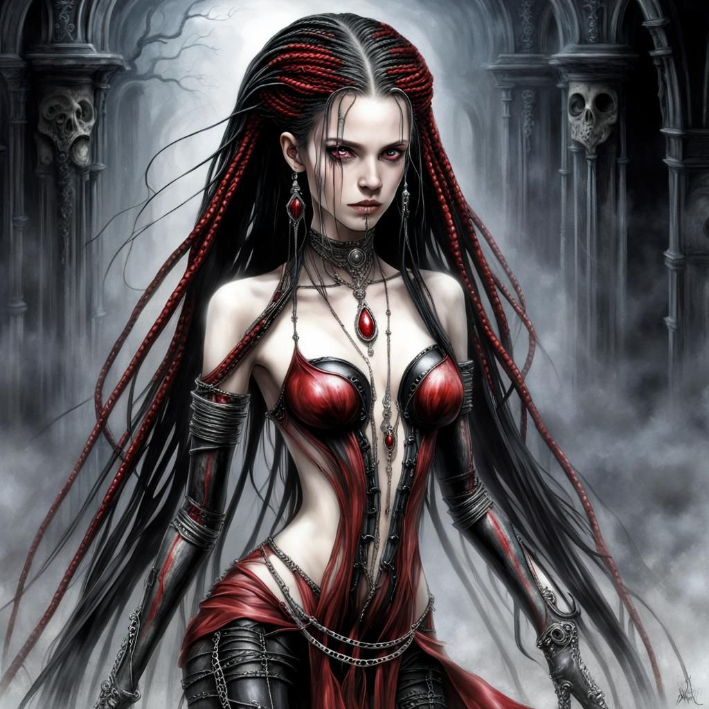 Ethereal Biopunk Fantasy Woman with Crimson Braids