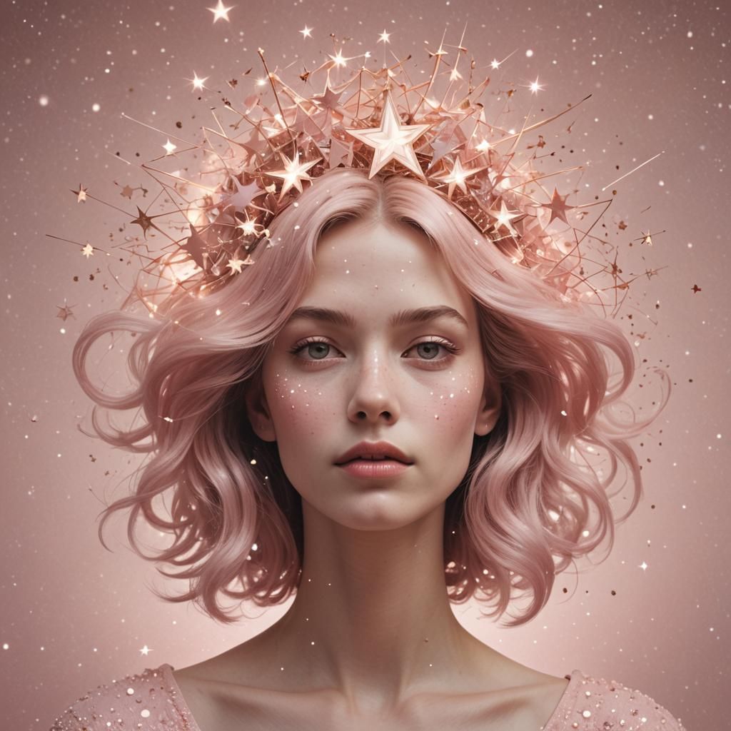 Surreal Pink Portrait Merging With Bursting Stars