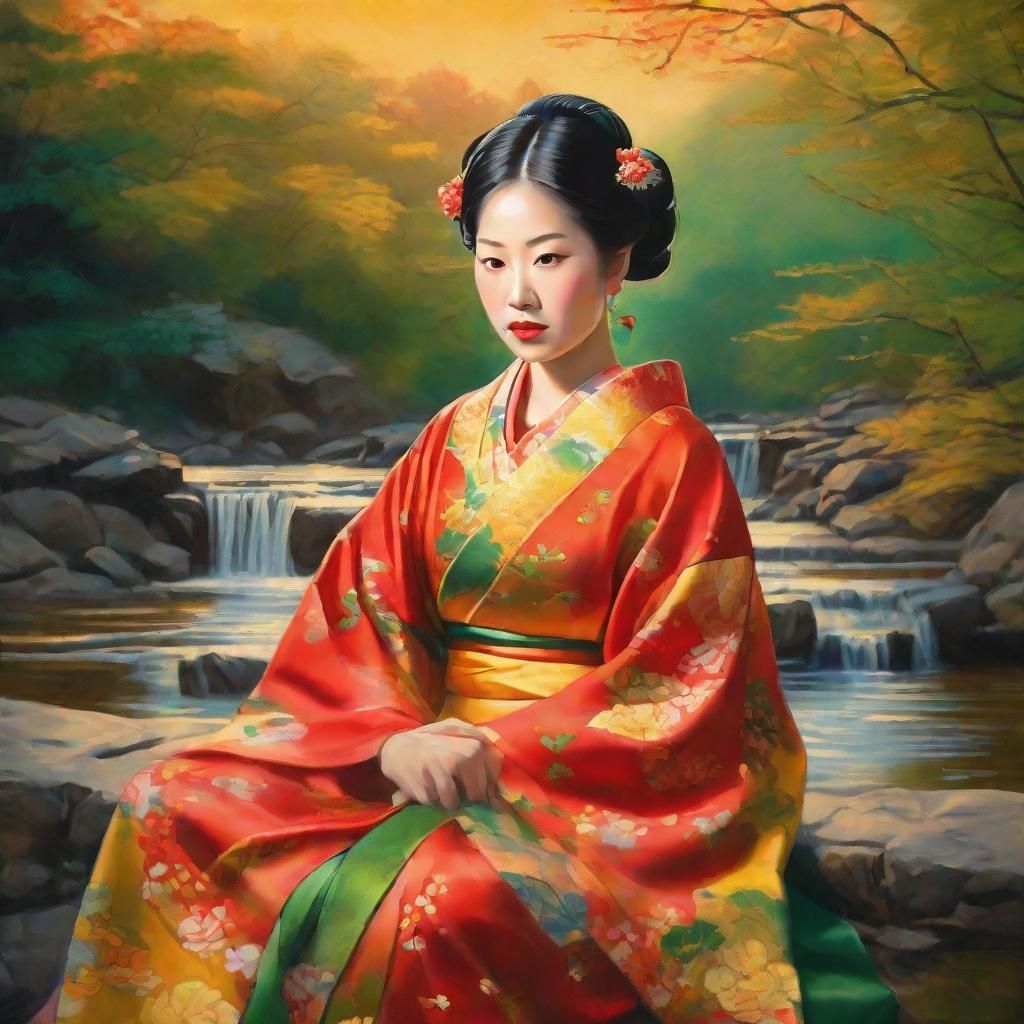Japanese Princess Double Exposure in Oil Painting Style