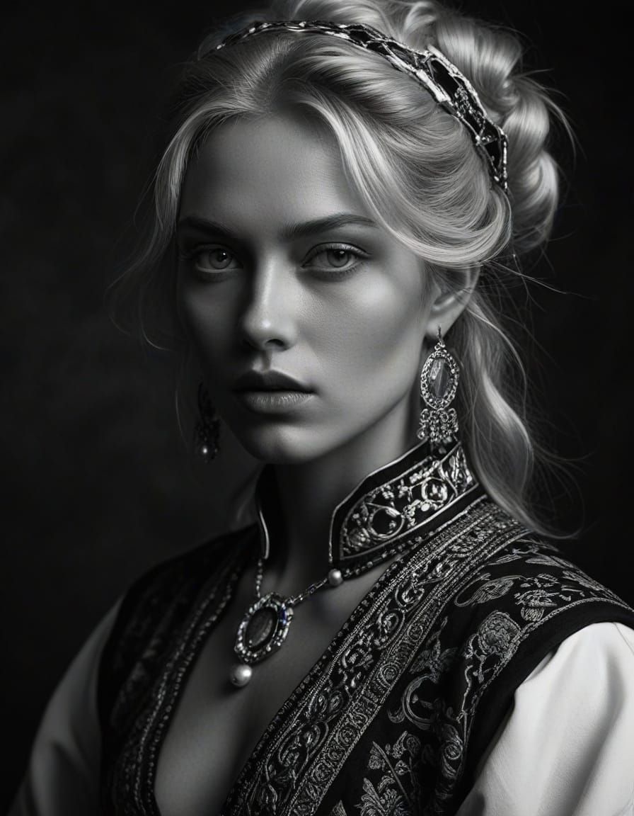 Black-and-white chiaroscuro portrait of a Nordic blonde woman inspired by Caravaggio