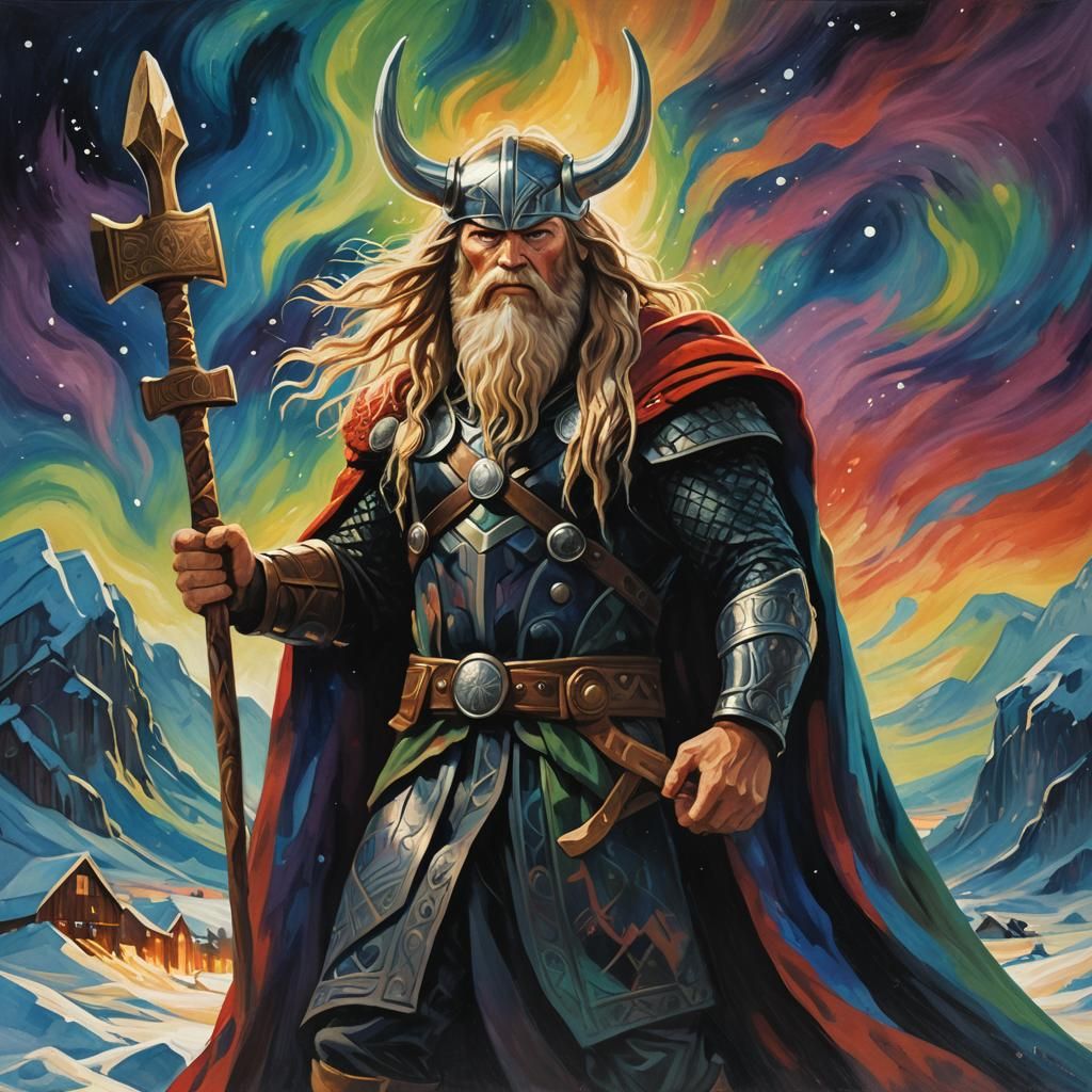 Godlike Thor with Mjolnir in Expressionist Style