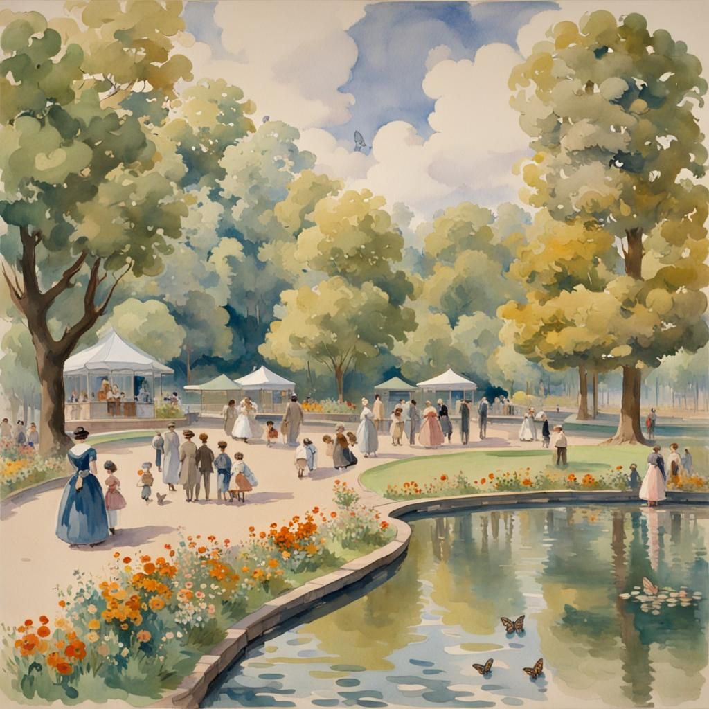 Lively Park Scene in Early 1900s Gouache Style