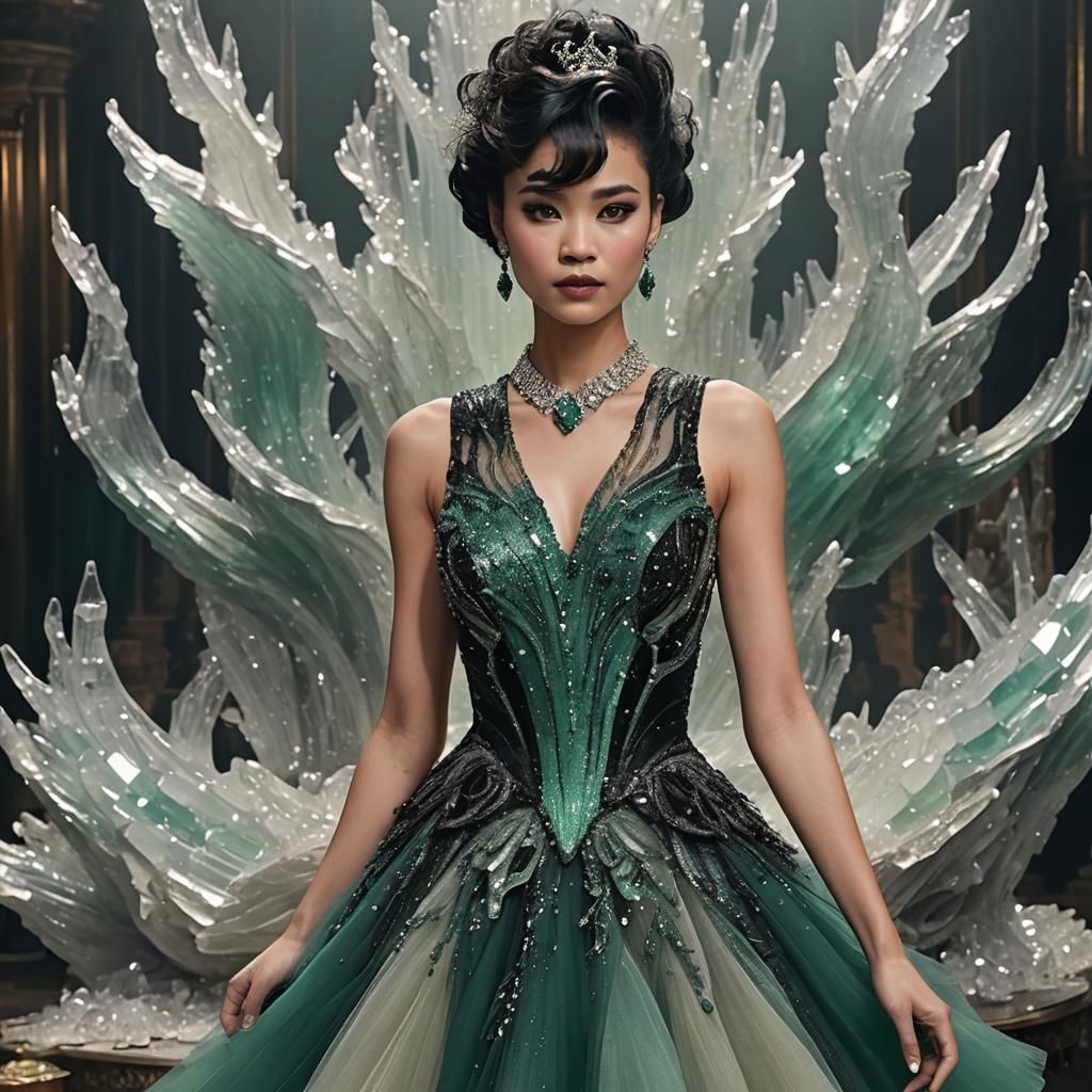 Woman in Crystalline Gown in a Ballroom