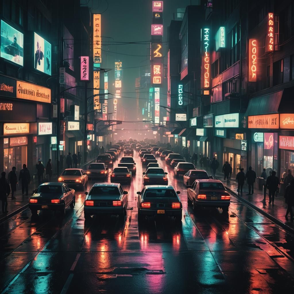 Cyberpunk City Traffic at Night in Film Noir Style