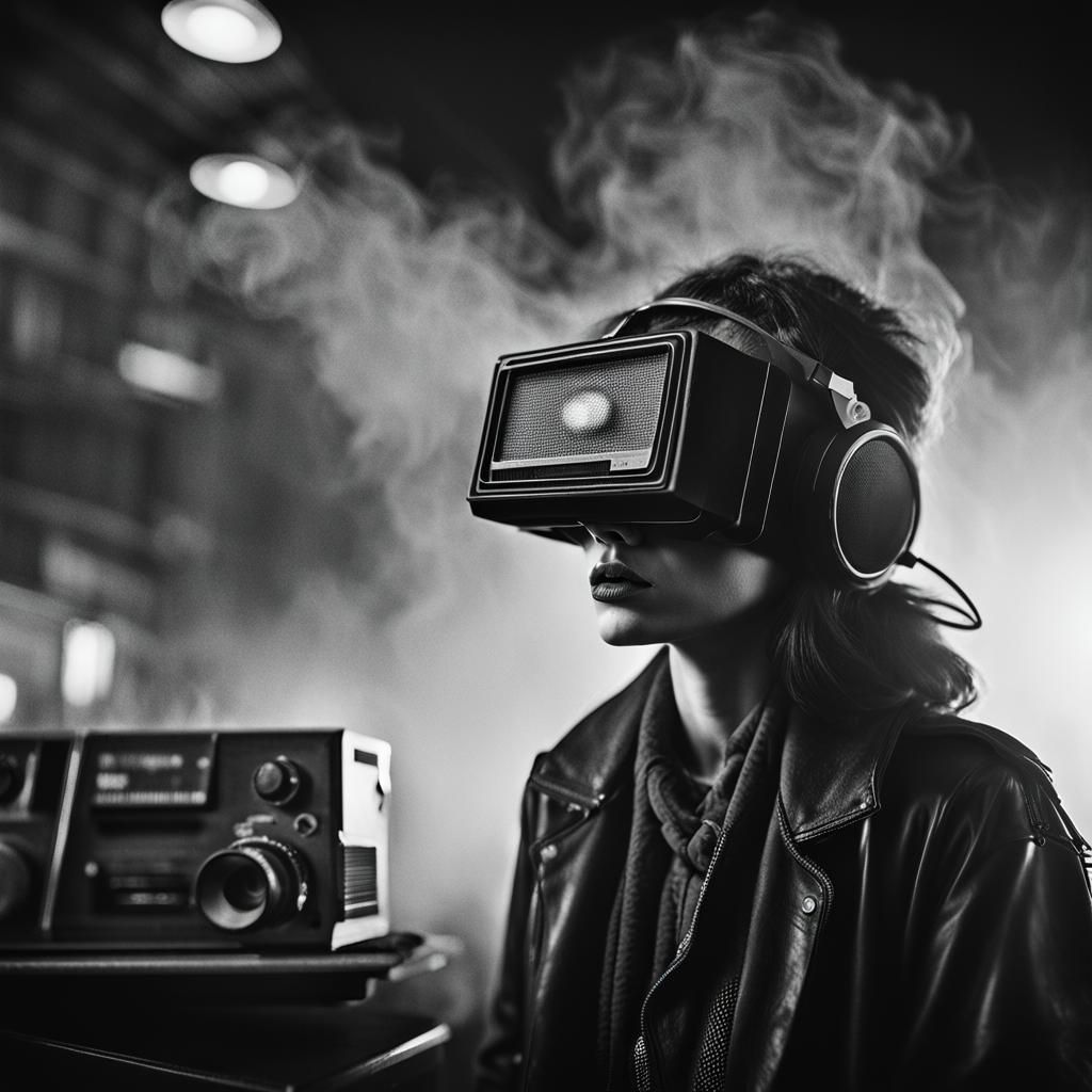 Goth Model in Coffee Shop with Vintage Tech