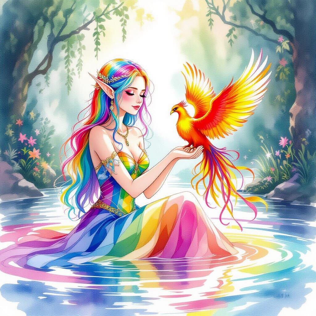 Rainbow Elf with Phoenix in Watercolor Style