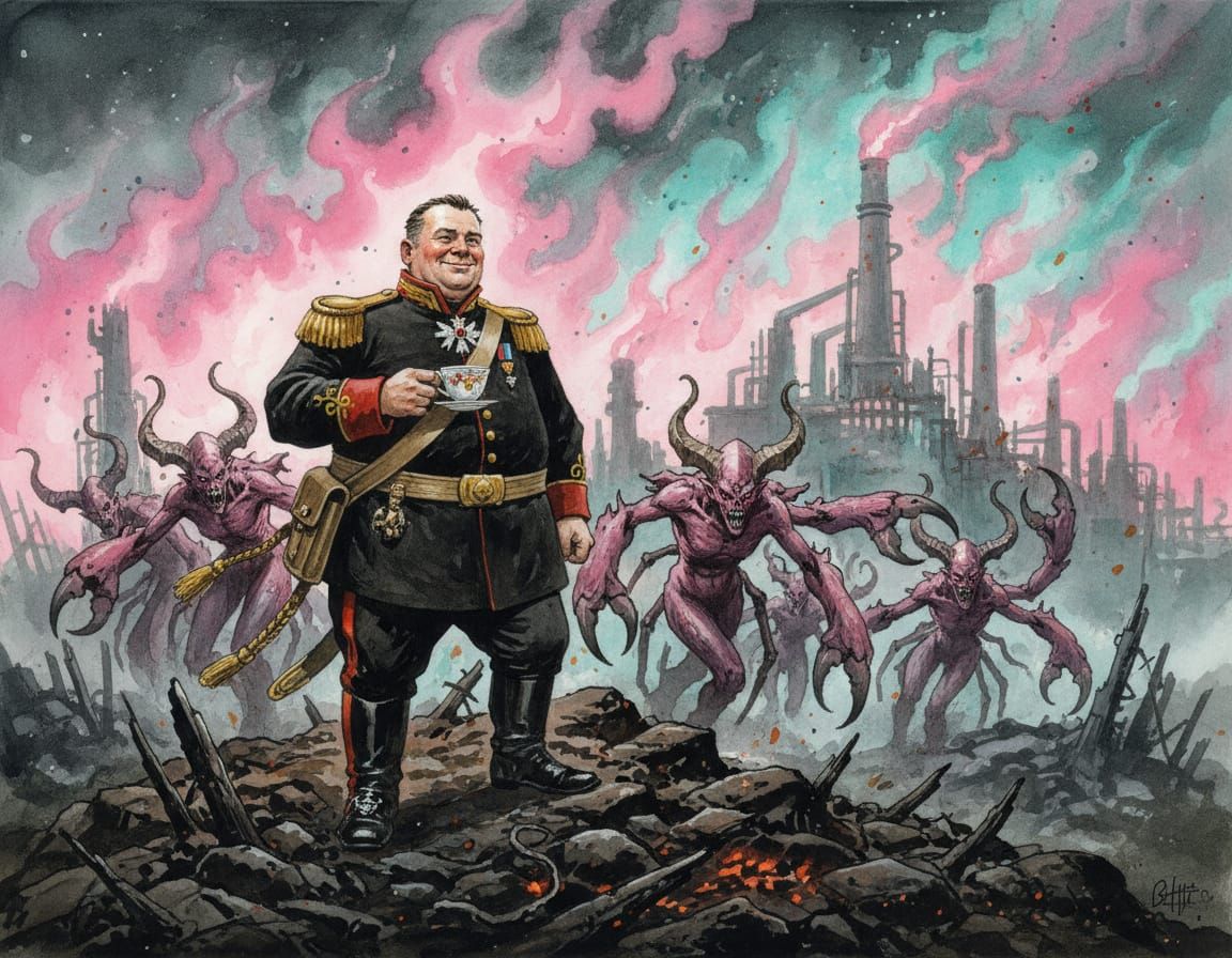 Imperial Commissar and Daemonettes in Ruined Factory