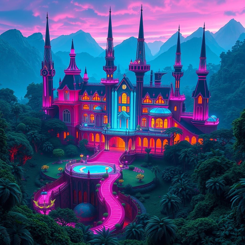 Electric Blue Fantasy Mansion Amidst Emerald Landscape