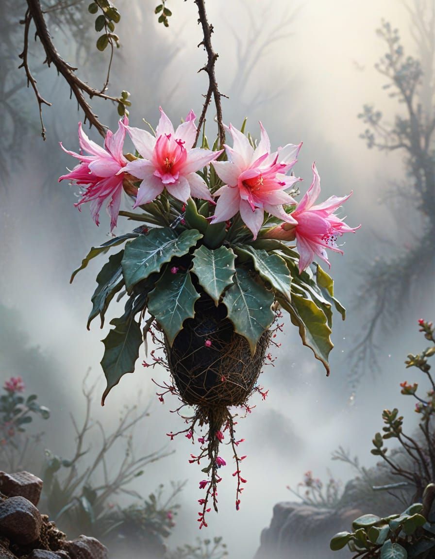 Christmas Cactus Blooming on Branch in Watercolor