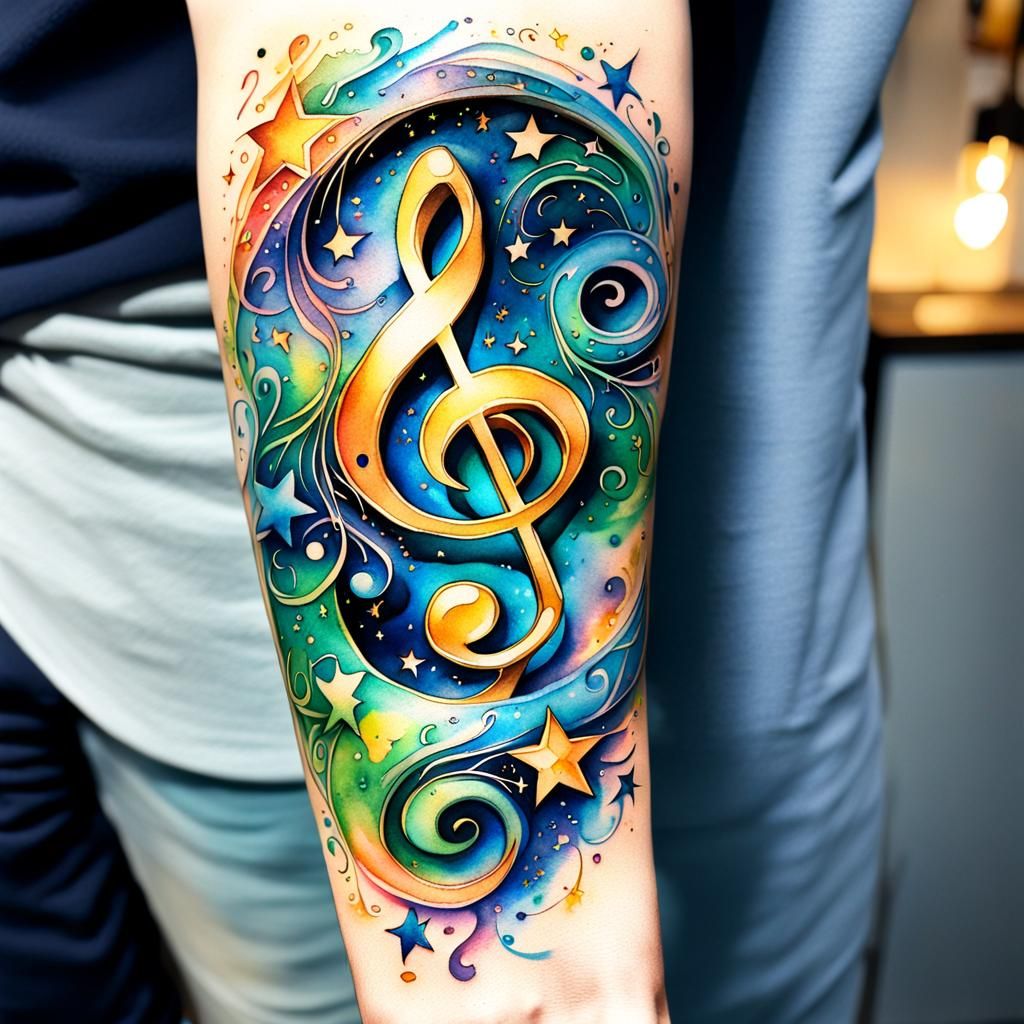 Watercolor Music Note Tattoo in Fantasy Style