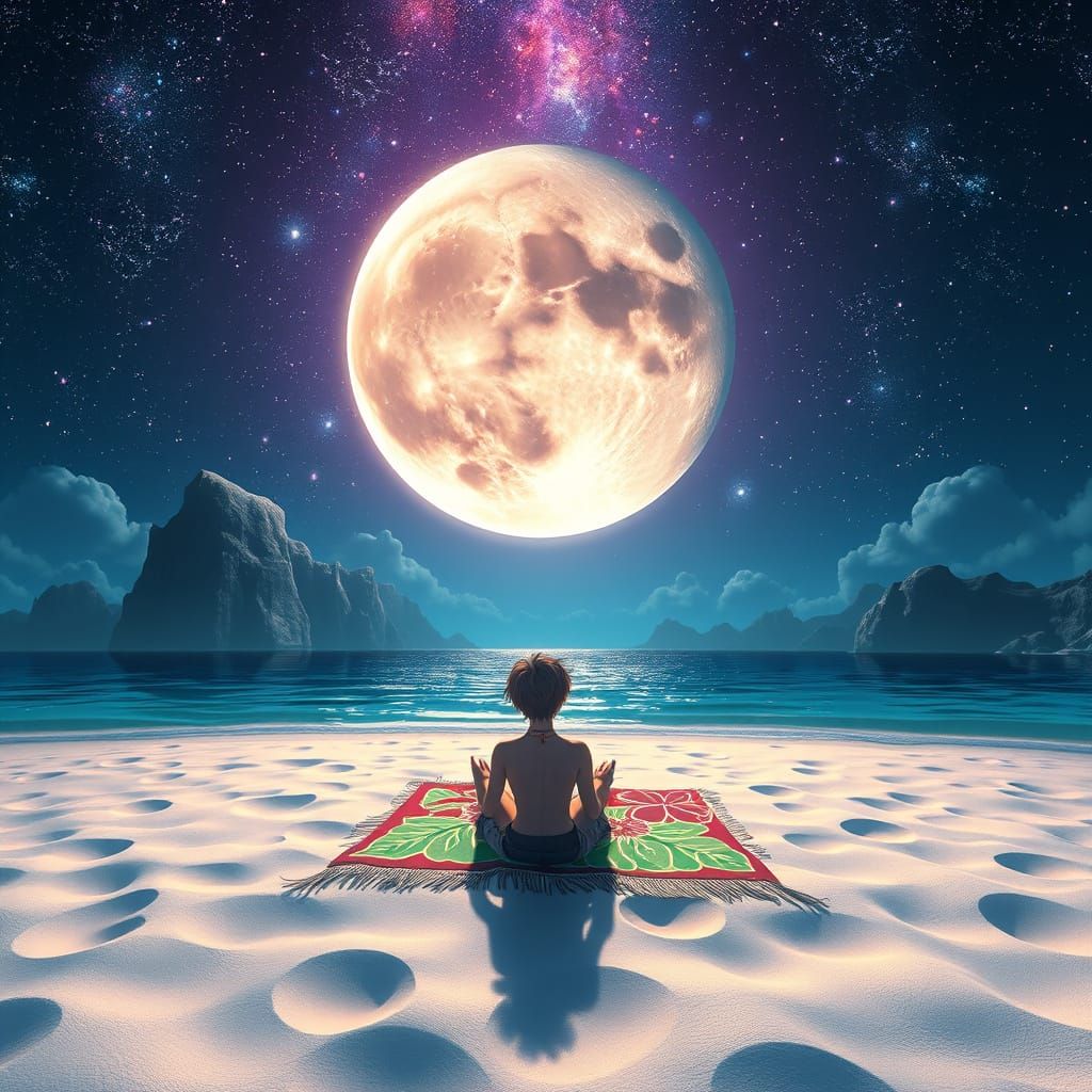 Dreamlike Moon Beach in 3D Anime Style