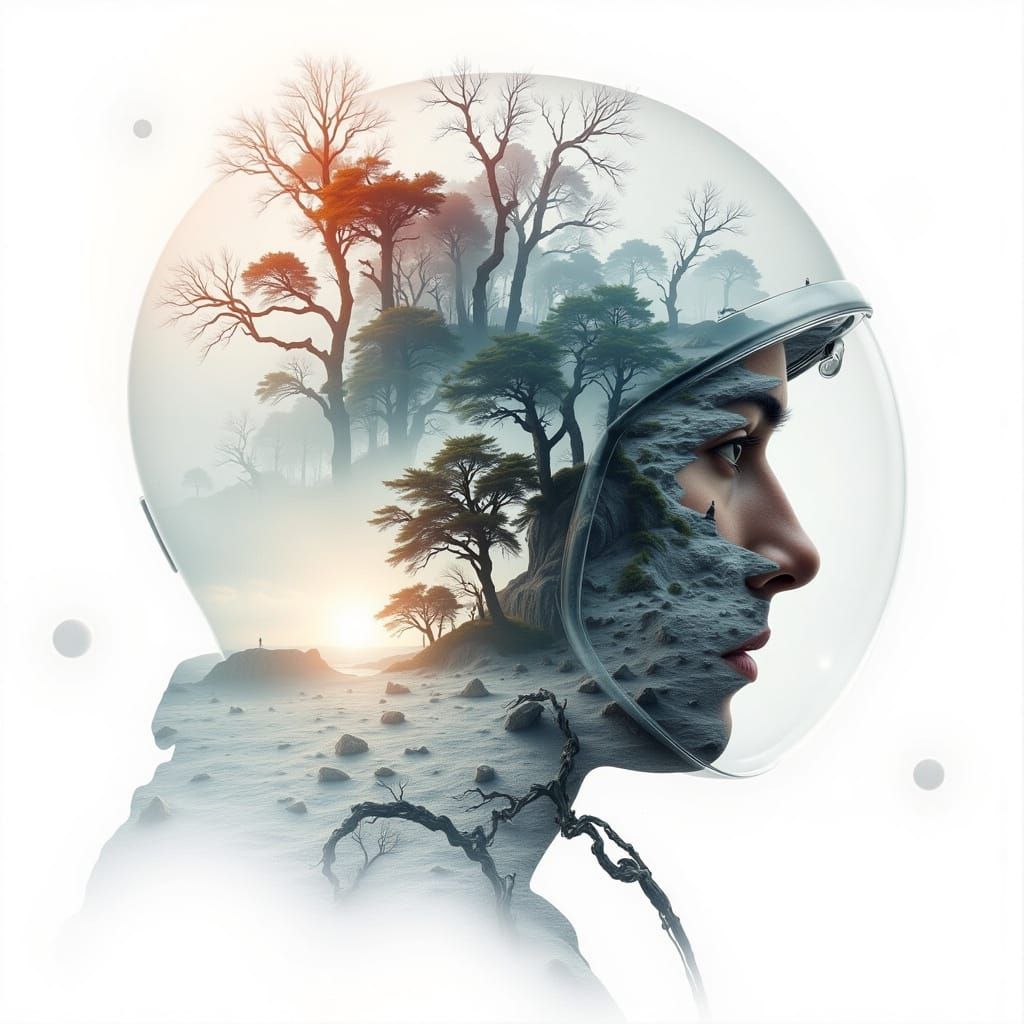 Ethereal Astronaut in Dreamlike Double Exposure