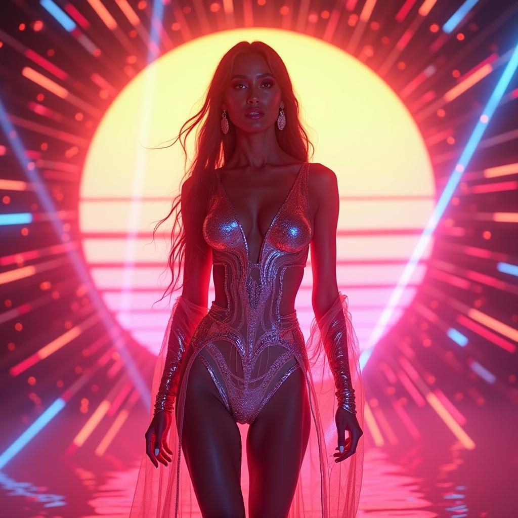 Majestic Woman Emerges from Synthwave Sunrise