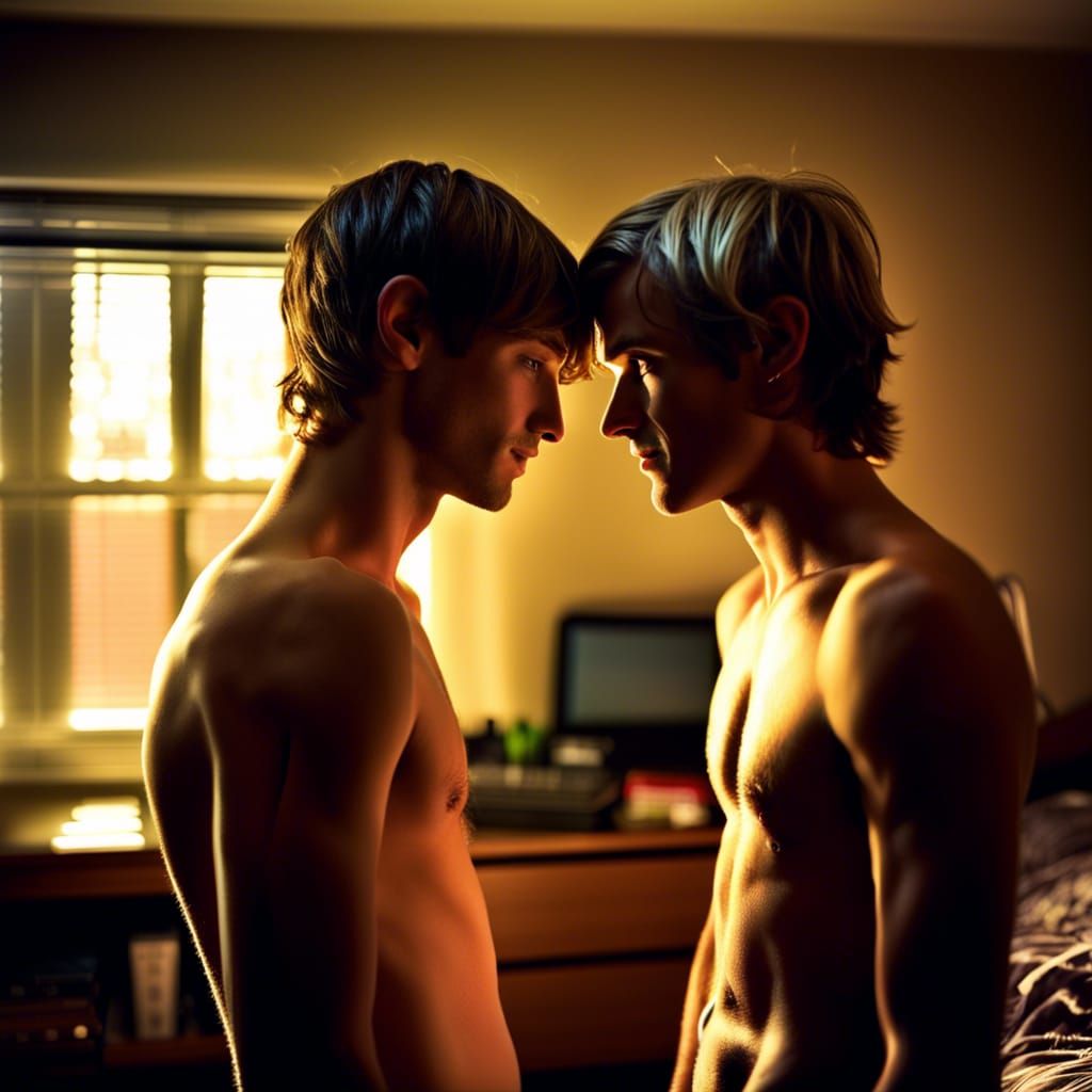 Loving Gay Couple in College Dorm Room