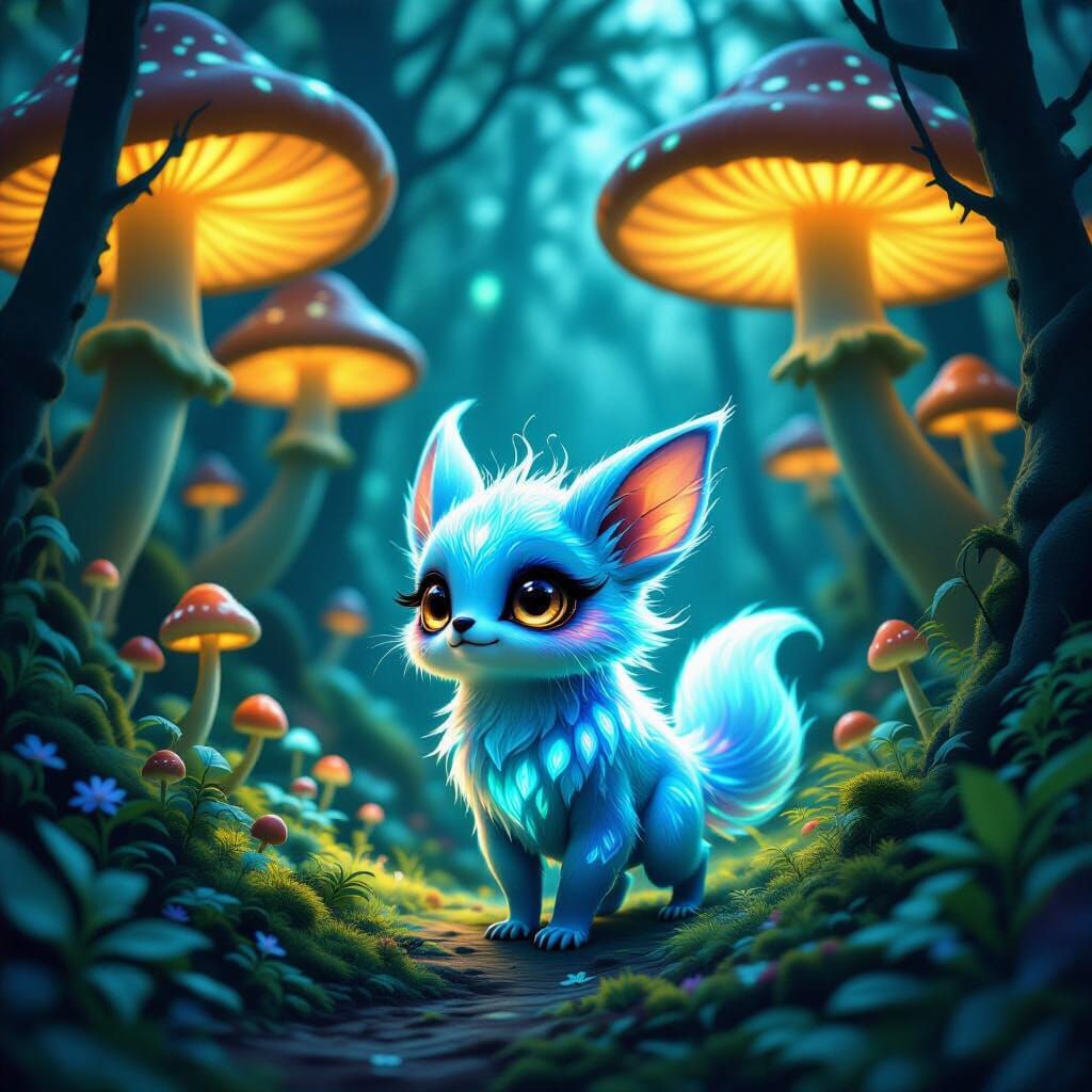 Bioluminescent Creature in Glowing Mushroom Forest